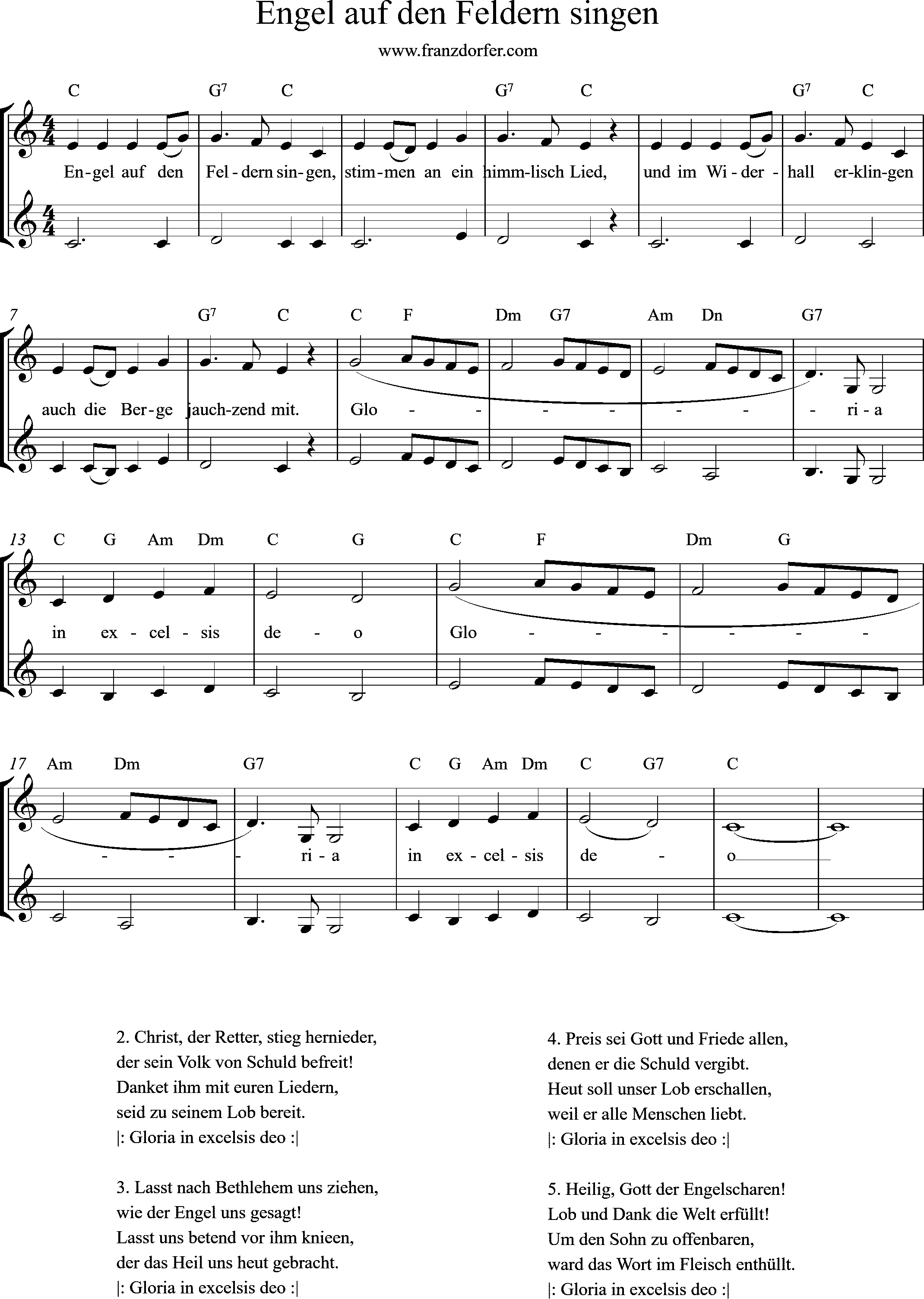 Tompetennoten, Tenorhorn, C-Dur, Engel auf den feldern singen